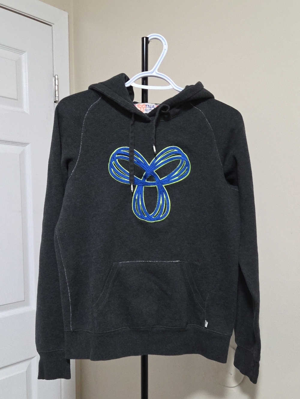 TNA Cotton Blend Charcoal Zip-Up Hoodie with Blue & Lime Emblem